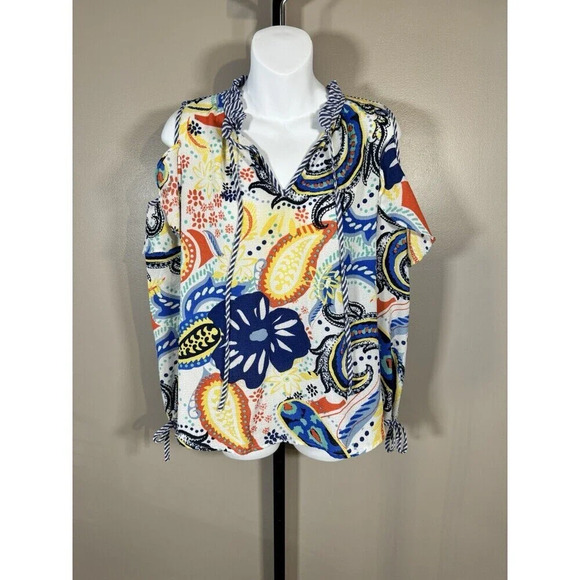 Melissa Paige Petite Size PM flowing open shoulder top Multicolor ruffle neck an - Picture 1 of 8